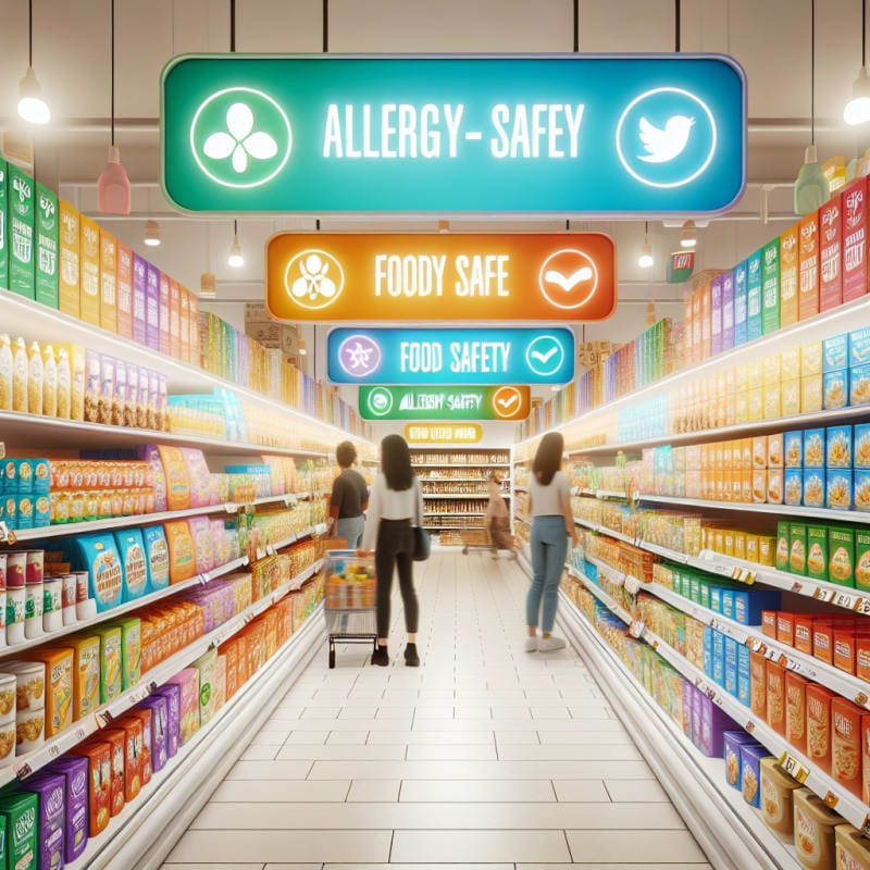 Bright inviting grocery aisle filled with colorful allergy-safe food packages clear ingredient labels vibrant signage about food safety natural lighting cheerful atmosphere