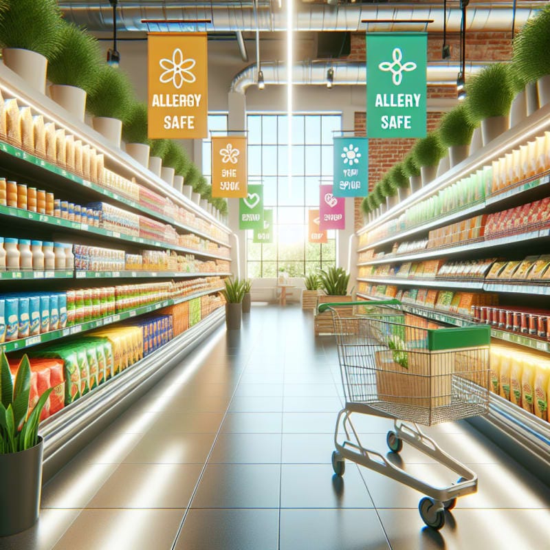 Bright supermarket aisle with colorful allergy-safe food labels on shelves clean eco-friendly grocery carts natural sunlight streaming through windows plant accents