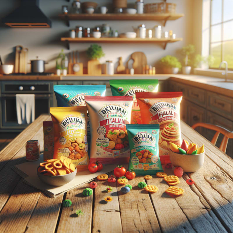 Bright cheerful Italian snack foods on a rustic wooden table with colorful packaging clearly showing allergy-friendly and halal labels modern kitchen backdrop sunny lighting