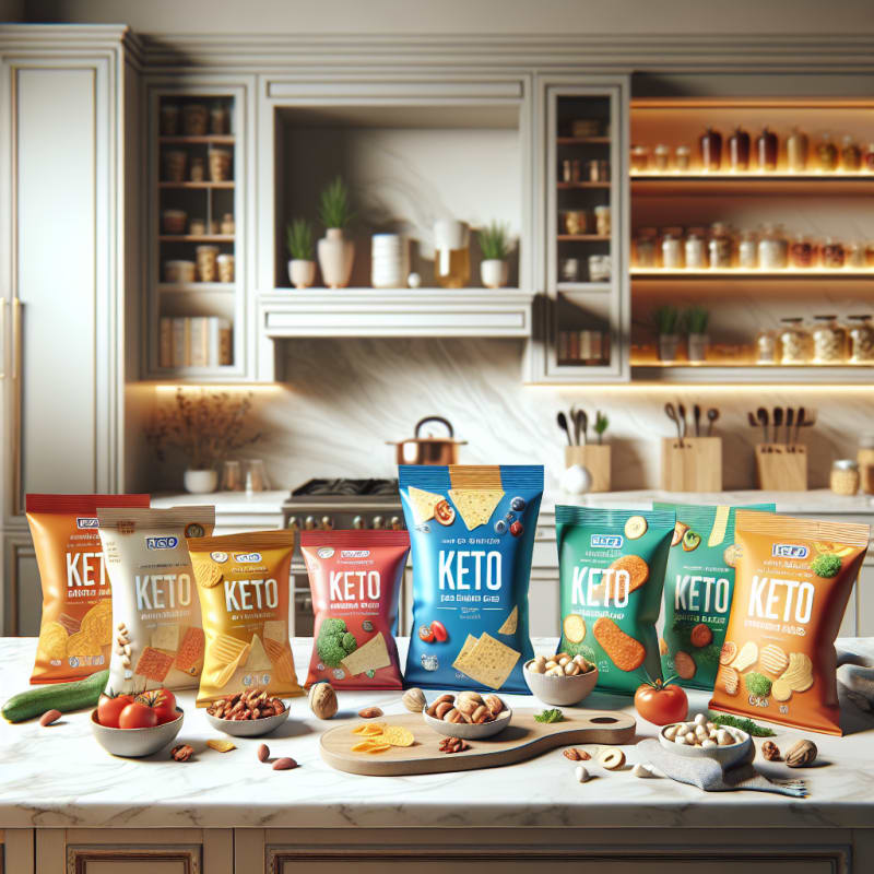 Bright Italian kitchen counter with colorful keto snack packaging healthy nuts cheese crisp vegetables and modern food safety allergen label icons
