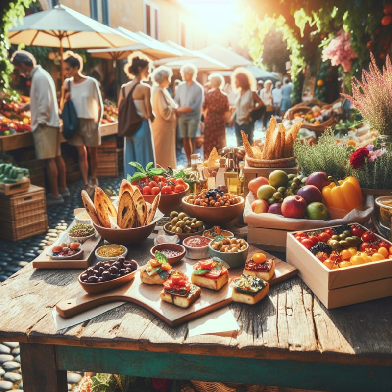 A vibrant Italian outdoor market table filled with colorful vegan snacks like bruschetta olives roasted chickpeas and fresh fruit surrounded by natural sunlight and soft greenery minimalistic food packaging highlighting allergy-safe labels