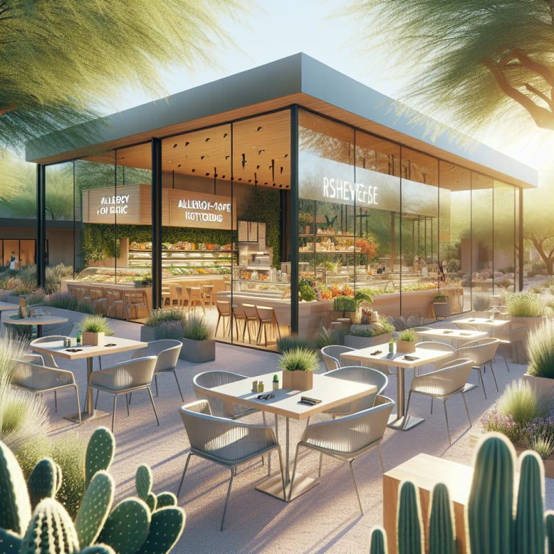 Bright sunlit desert restaurant exterior with lush greenery modern architecture allergy-safe kitchen tools visible on tables fresh labeled ingredients vibrant healthy food displays eco-friendly packaging