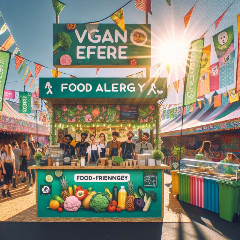 bright sunlit fairground scene with colorful vegan food booth surrounded by fresh produce banners and food allergy safety signs cheerful eco-friendly atmosphere vibrant colors