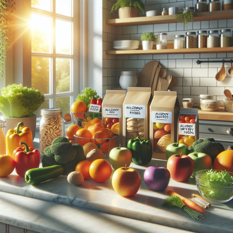 Bright kitchen counter with colorful fresh fruits vegetables allergy safe packaged foods and clear food labels arranged under warm sunlight