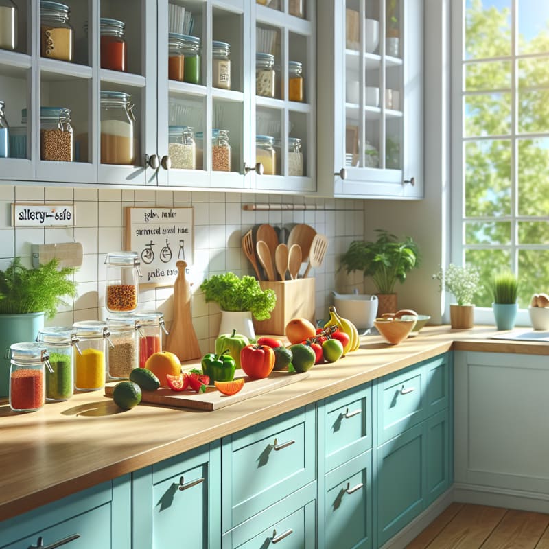 A bright modern kitchen with colorful fresh produce glass jars of spices and allergy-safe food labels on a wooden countertop sunlight streaming in through a window cheerful blue and green tones clean minimalist style