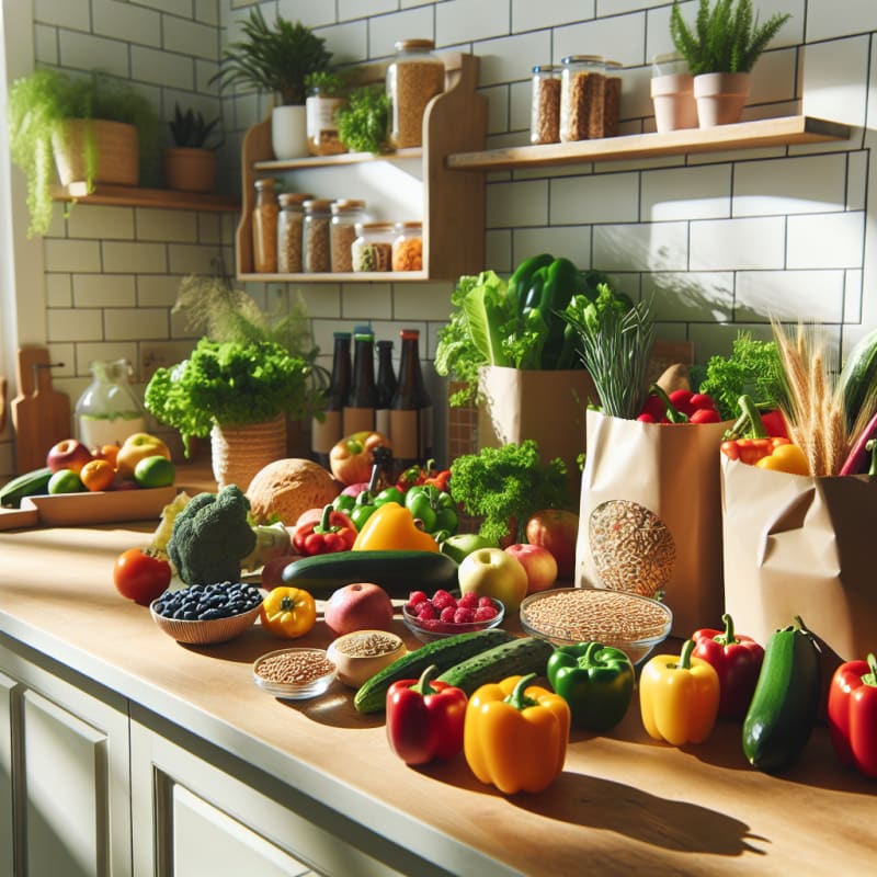 Bright kitchen counter filled with colorful fresh vegetables fruit plant based ingredients allergy safe food labels eco friendly packaging natural light welcoming mood