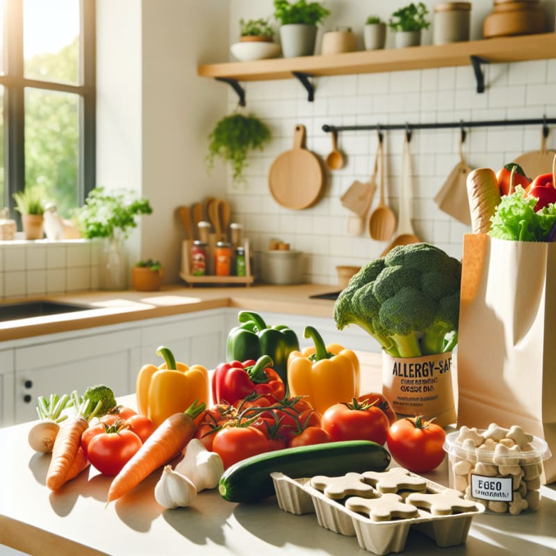 Bright kitchen countertop with colorful fresh vegetables allergy-safe grocery bags eco-friendly food labels bone-shaped vegan treats natural light cheerful mood