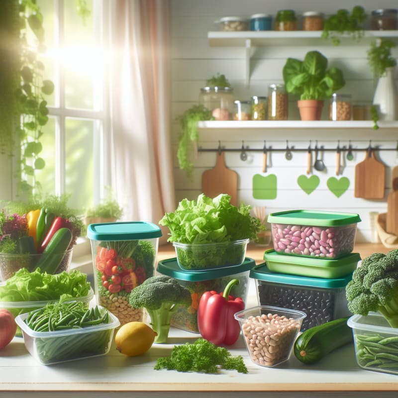 Bright kitchen countertop with fresh vibrant plant-based foods like leafy greens beans and colorful veggies arranged in eco-friendly containers natural light streaming in soft background with food safety labels visible gentle hopeful atmosphere