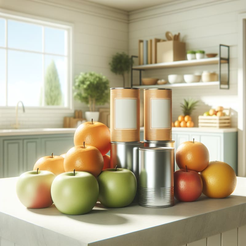 Bright modern kitchen countertop with canned fruit stacked alongside fresh apples and oranges clean food labels visible sunlit setting with soft pastel colors hopeful atmosphere