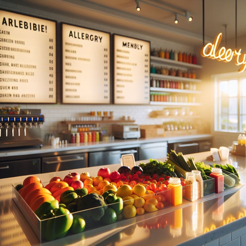 Bright modern restaurant kitchen countertop set with colorful fresh produce clear ingredient labels allergy-friendly packaging and a welcoming menu board softly glowing natural light