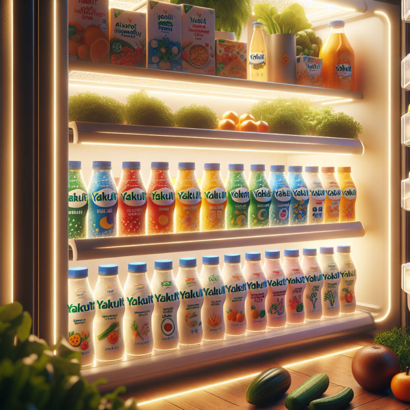 A bright fridge shelf with neatly arranged Yakult bottles vibrant food packaging clear allergy-friendly and halal kosher labels surrounded by fresh ingredients green leafy vegetables and a soft glow representing safety and hope