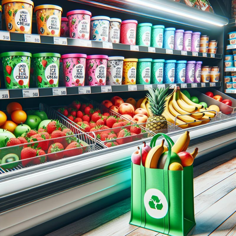Vibrant supermarket freezer filled with colorful ice cream tubs some with allergy warning labels surrounded by fresh fruit and a bright eco-friendly grocery bag