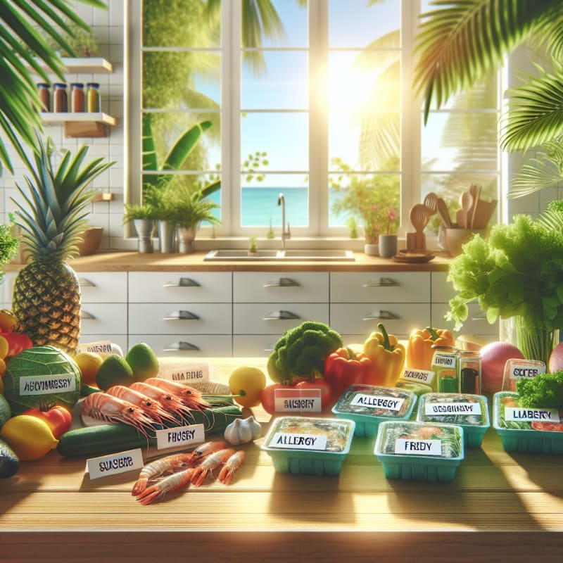 A bright tropical kitchen scene with fresh seafood and colorful produce on a clean counter surrounded by labeled allergy-safe packaging soft sunlight and green leafy plants for a hopeful and safe atmosphere