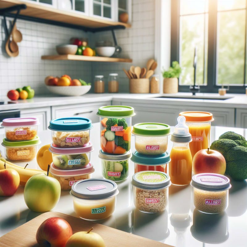 Bright kitchen countertop with organized baby food containers colorful allergy-safe labels healthy ingredients neatly arranged natural light modern eco-friendly vibe