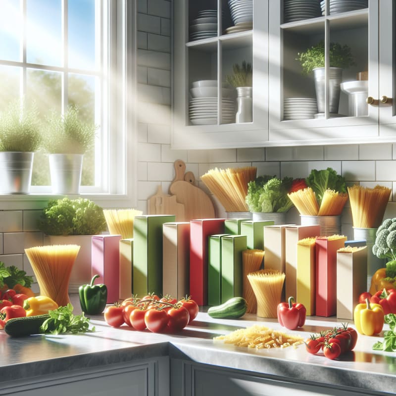 Bright kitchen countertop with various colorful pasta boxes Barilla packaging clearly visible surrounded by fresh vegetables and leafy greens sunlight streaming in reflecting safe clean meal preparation allergy friendly setting