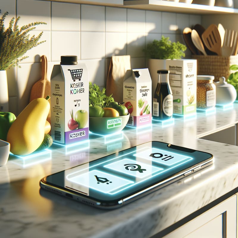 Bright kitchen countertop with fresh groceries labeled with clear kosher and allergy-safe icons surrounded by sleek smartphone scanning apps gentle natural lighting vibrant packaging green eco-friendly touches