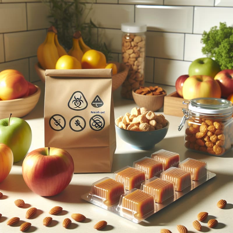 Bright kitchen countertop with caramel treats alongside allergy-safe labels food packaging with visible recall symbols surrounded by fresh fruits and wholesome snacks soft natural light hopeful atmosphere