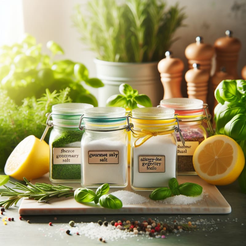 A vibrant kitchen countertop featuring colorful jars of gourmet salt surrounded by fresh herbs lemons and allergy-safe ingredient labels in soft natural lighting