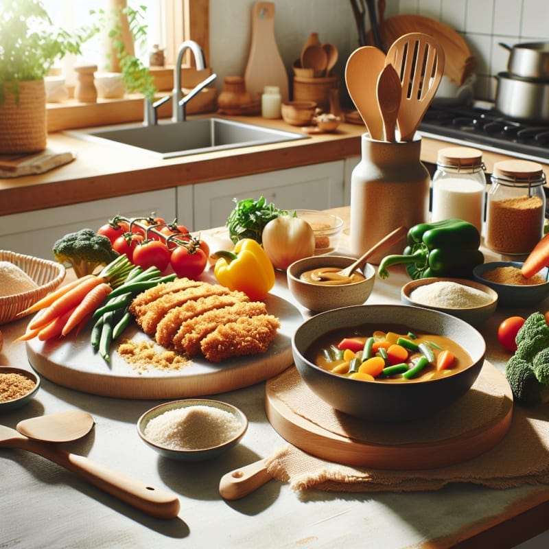 Bright kitchen countertop with fresh ingredients for chicken katsu curry including gluten free breadcrumbs allergy friendly curry sauce vibrant vegetables and eco friendly utensils in warm natural light