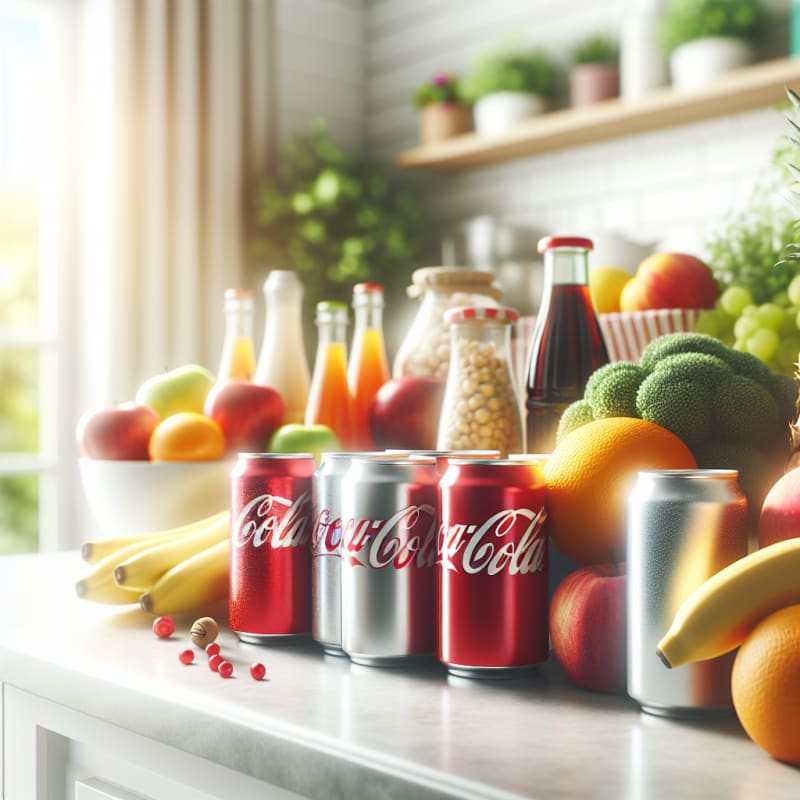 Bright kitchen countertop with colorful Coca-Cola cans and bottles arranged beside fresh fruit and allergy-safe grocery items soft sunlight streaming in background cheerful healthy atmosphere