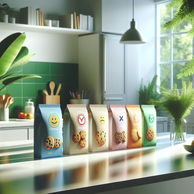 Bright kitchen counter with colorful cookie packages and food ingredient labels next to a cheerful allergy-safe symbol in natural sunlight with leafy green accents and clean modern surfaces
