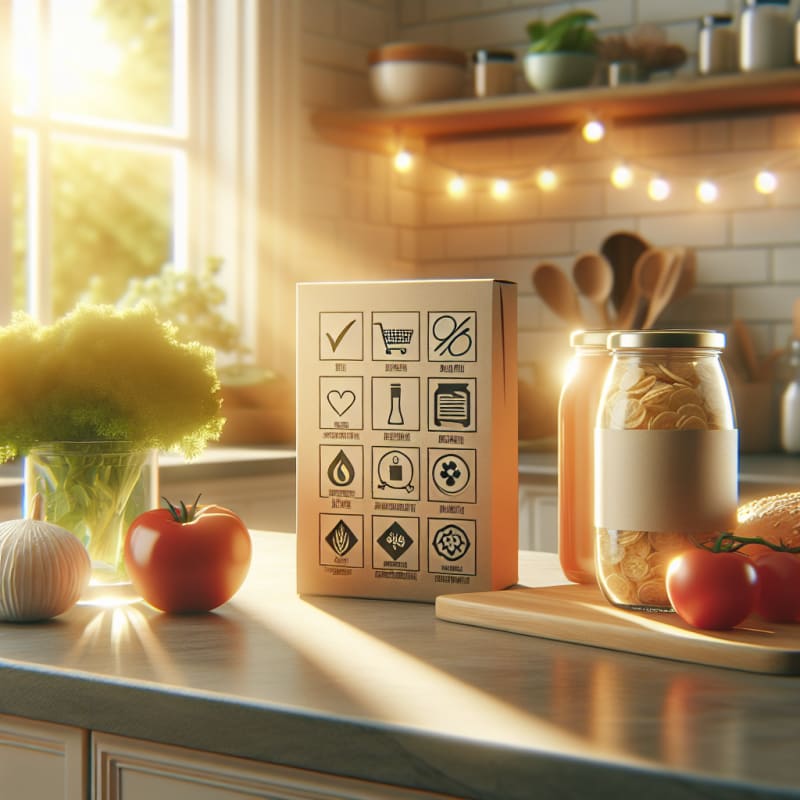 Bright kitchen countertop with allergy-safe products food ingredient labels scattered fresh produce natural light warm tones hopeful atmosphere safety icons