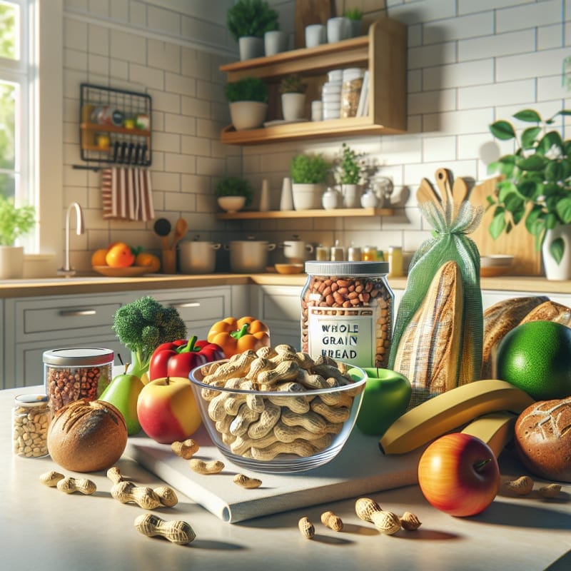 A bright modern kitchen countertop filled with colorful allergy-friendly foods such as peanuts in a clear bowl fresh fruit whole grain bread and food labels visible on eco-friendly packaging with soft natural lighting and green plants in the background