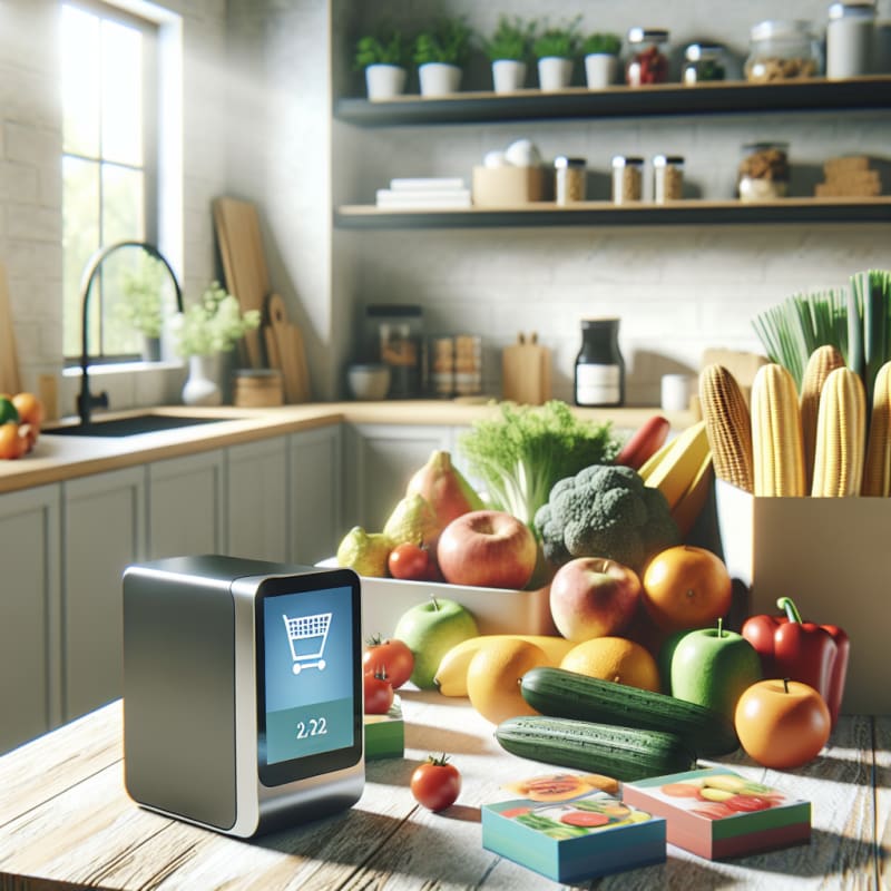 Bright kitchen counter with colorful allergen-safe food packaging healthy snacks scattered fresh produce and modern scanning device soft morning light