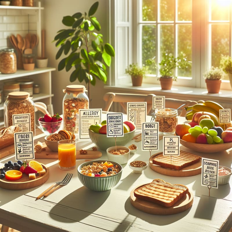 Bright kitchen table with healthy breakfast foods like granola toast fruit bowls and yogurt surrounded by food label cards allergy alerts and sunshine streaming in through a window with eco-friendly containers