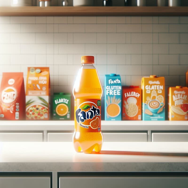 A bright orange soda can with gluten-free and allergy-safe labels surrounded by fresh citrus fruits on a clean white table with eco-friendly grocery bags in the background