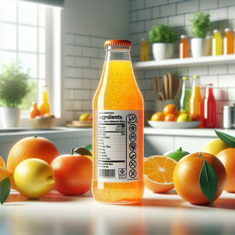 A vibrant orange soda bottle next to fresh citrus fruits on a clean kitchen counter with detailed food ingredient labels visible surrounded by allergy-safe grocery icons in a bright natural light setting