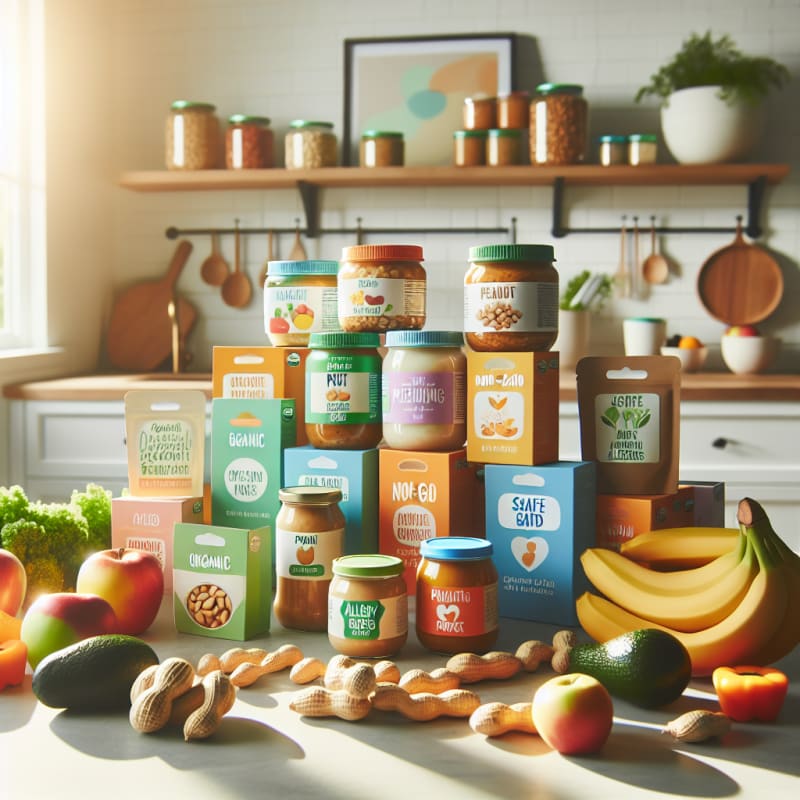 A bright kitchen countertop with a colorful array of peanut-based baby foods next to allergy-safe food labels fresh fruits and vegetables and eco-friendly packaging in soft natural light