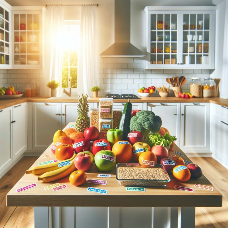 Bright kitchen countertop filled with colorful fruits vegetables whole grains and labeled packaged foods with clear allergy safe and diabetes friendly stickers sunlight streaming in modern kitchen background hopeful atmosphere
