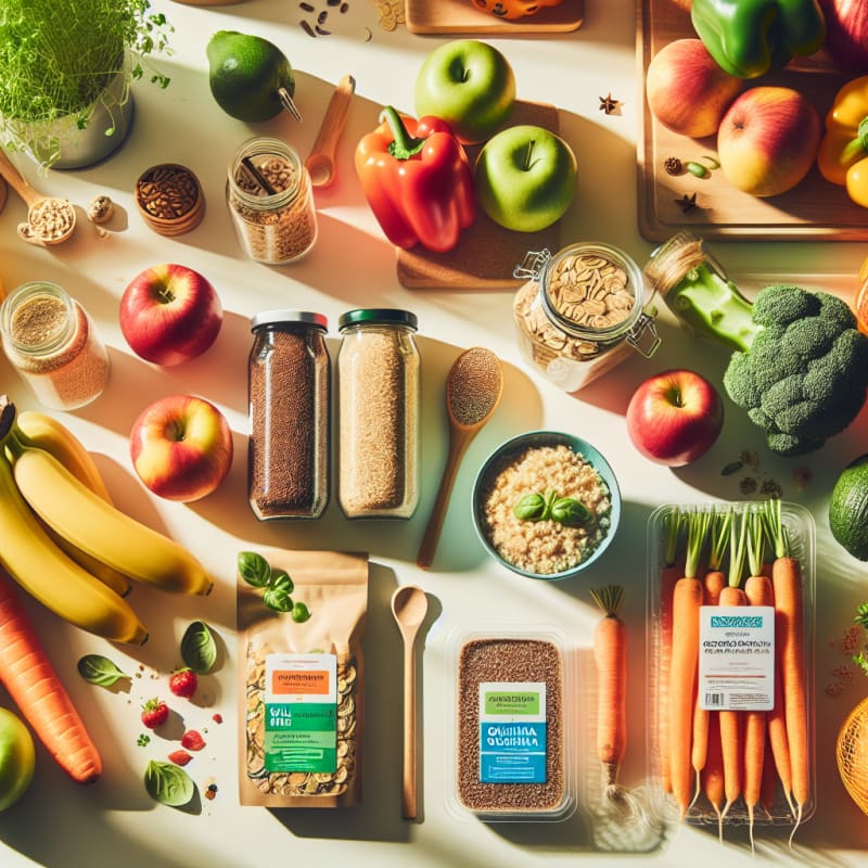 A colorful flat lay of fresh fruits vegetables whole grains and packaged foods with clear allergy-safe and nutrition labels on a bright cheerful kitchen counter with soft natural light and eco-friendly packaging touches