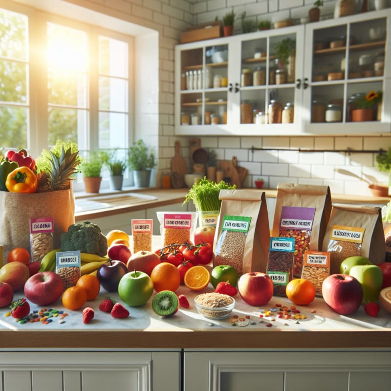 Bright modern kitchen countertop filled with vibrant fresh fruits whole grains and labeled allergy-safe snacks sunlight streaming through window eco-friendly grocery bags visible colorful food labels and ingredient lists