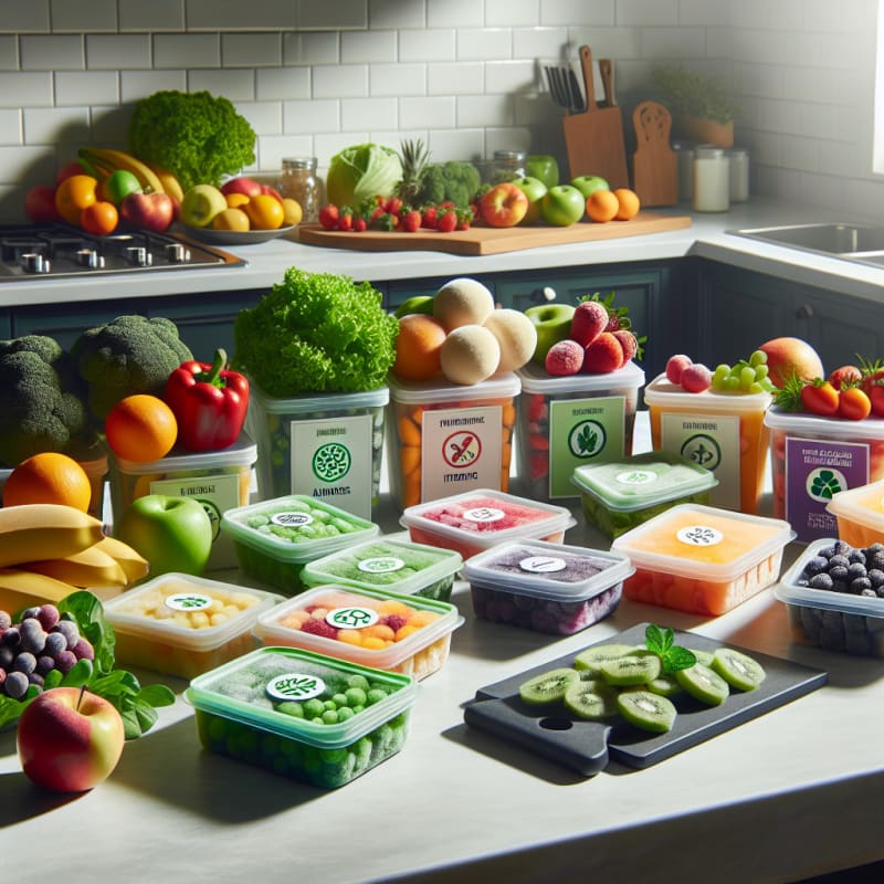 A bright colorful arrangement of frozen fruits and vegetables on a clean kitchen countertop surrounded by labeled eco-friendly containers with allergy-safe icons and fresh produce in the background natural lighting emphasizing freshness and safety