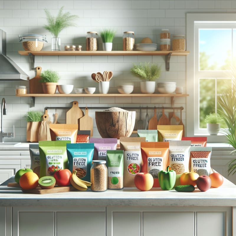 A bright modern kitchen countertop with colorful gluten-free food packaging fresh fruits vegetables and clear ingredient labels in natural sunlight surrounded by soft green plants and a wooden bowl of grains