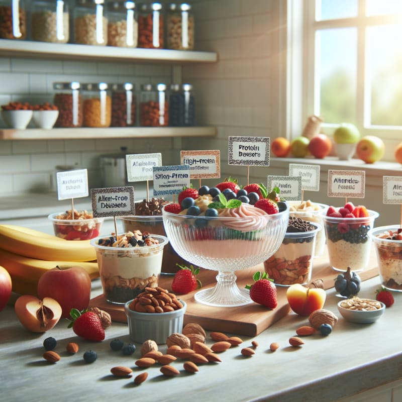 Bright sunlit kitchen counter with colorful high-protein desserts in glass bowls surrounded by allergen-free ingredient labels fresh fruits and nuts eco-friendly packaging hopeful mood