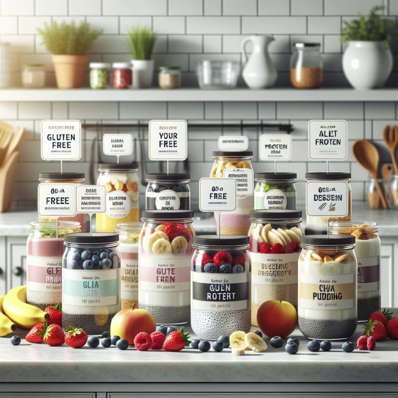 Bright kitchen countertop filled with colorful high protein dessert jars allergy safe packaging visible fresh fruits and gluten free ingredients natural lighting positive airy atmosphere no people