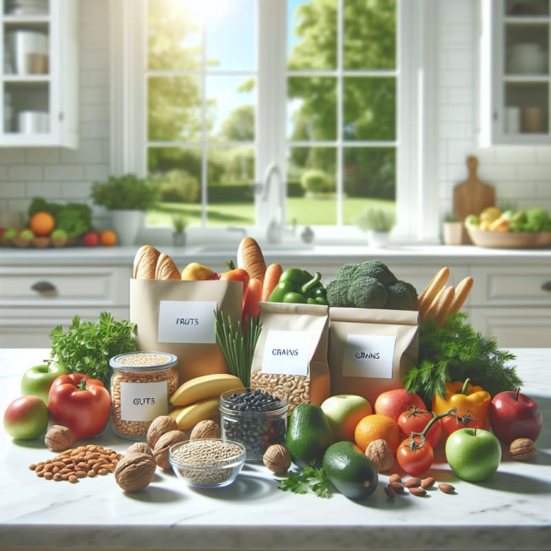 A bright modern kitchen countertop with fresh colorful allergy-safe groceries spread out with clear food packaging labels visible surrounded by natural light and greenery in the background evoking a clean safe and hopeful atmosphere