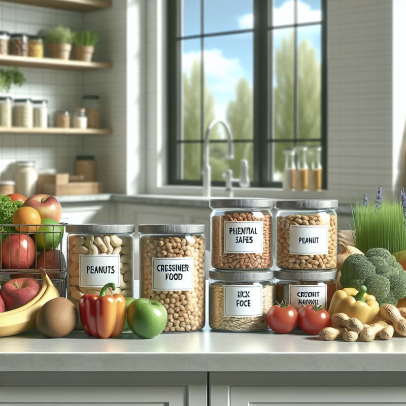 A bright kitchen countertop with labeled allergy-safe foods peanuts and cross-contaminants clearly marked colorful grocery items clear ingredient labels modern style natural light