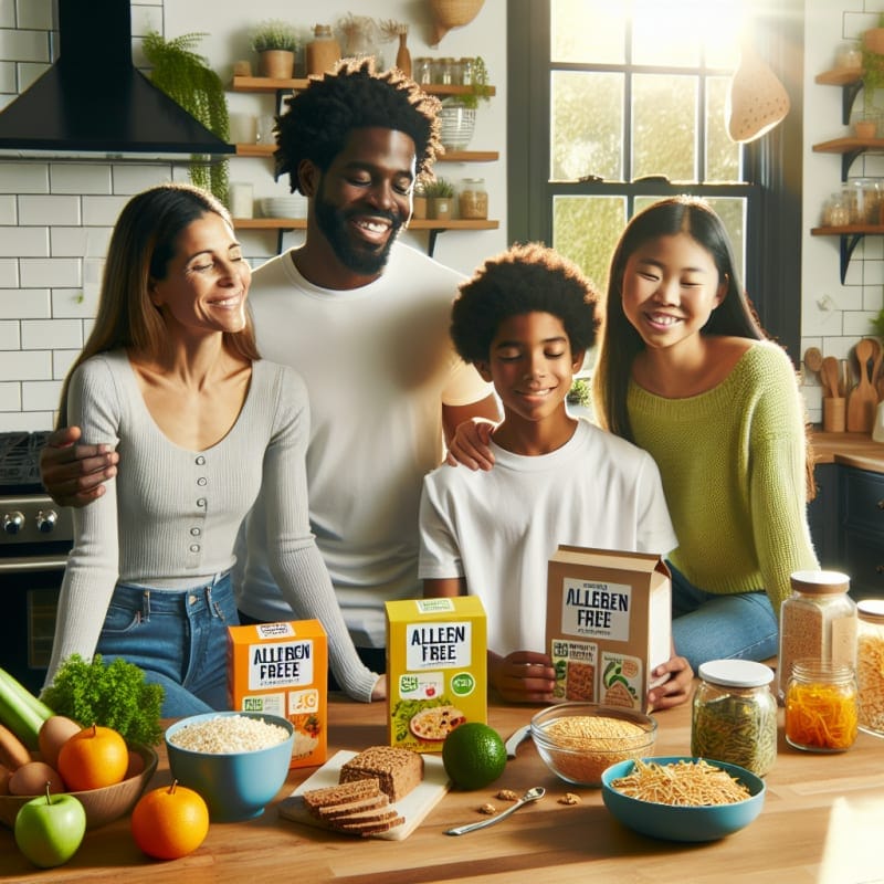 Bright kitchen countertop with colorful fresh fruits vegetables allergen free packaged foods clear ingredient labels soft sunlight clean and welcoming setting