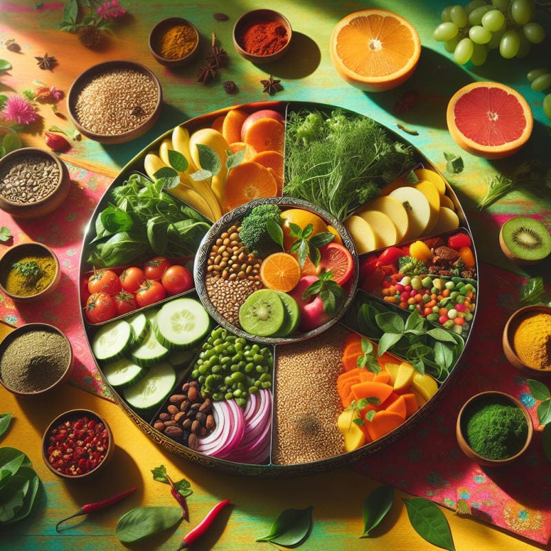 A colorful Indian thali plate filled with healthy portions of vegetables whole grains lentils and fresh fruit arranged on a bright table with leafy herbs and small bowls of spices under natural sunlight