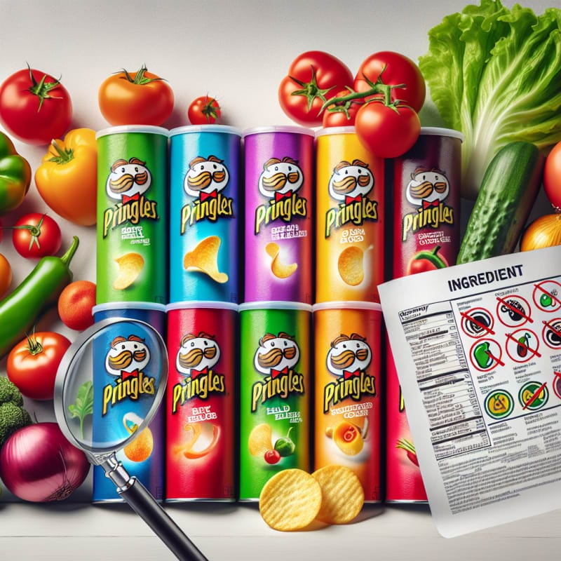 A bright colorful collage of Pringles cans surrounded by fresh vegetables an open ingredient label a magnifying glass and allergy safe icons on a clean kitchen counter