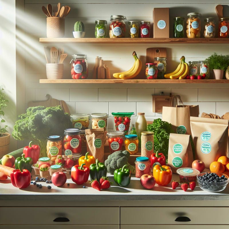 A bright kitchen countertop filled with colorful allergy-safe food items clear food labels vibrant fresh produce and eco-friendly packaging in soft sunlight