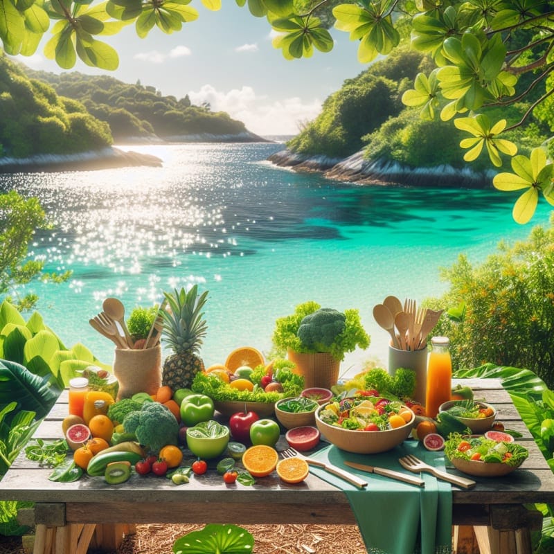 A vibrant coastal scene with lush green plants fresh fruit and vegetables arranged on a picnic table near turquoise water soft sunlight eco-friendly kitchen items in the background cheerful colors focus on natural ingredients