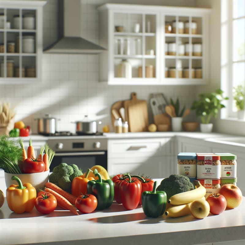 Bright kitchen scene with colorful fresh vegetables fruits and allergy-safe packaged foods arranged on white countertop clear food labels visible soft natural sunlight