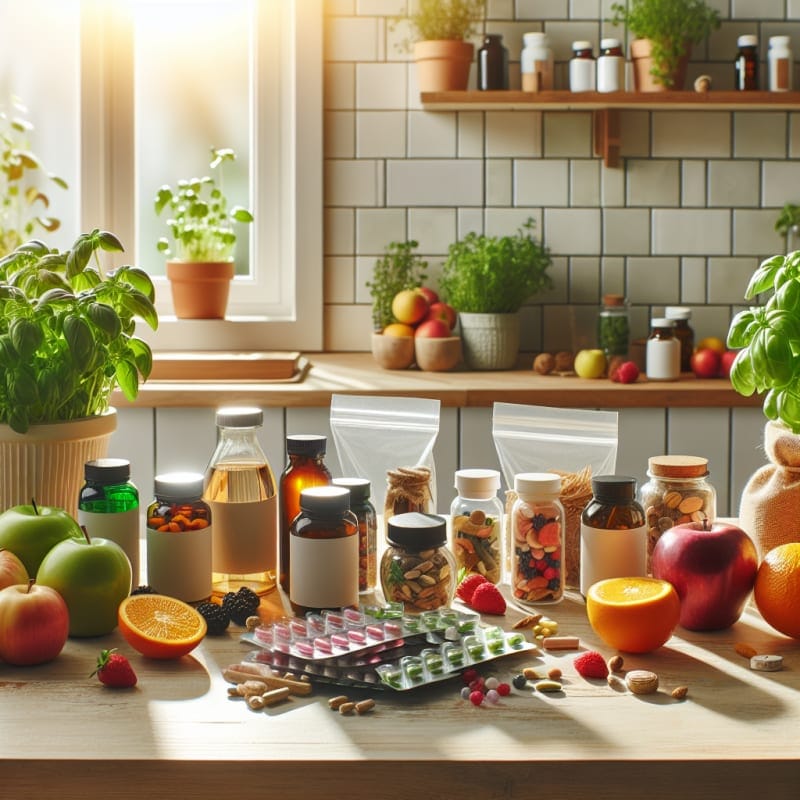 Bright sunlit kitchen countertop filled with colorful bottles of natural supplements fresh fruits and allergy-safe food labels scattered among green leafy plants cozy eco-friendly touches clear food packaging