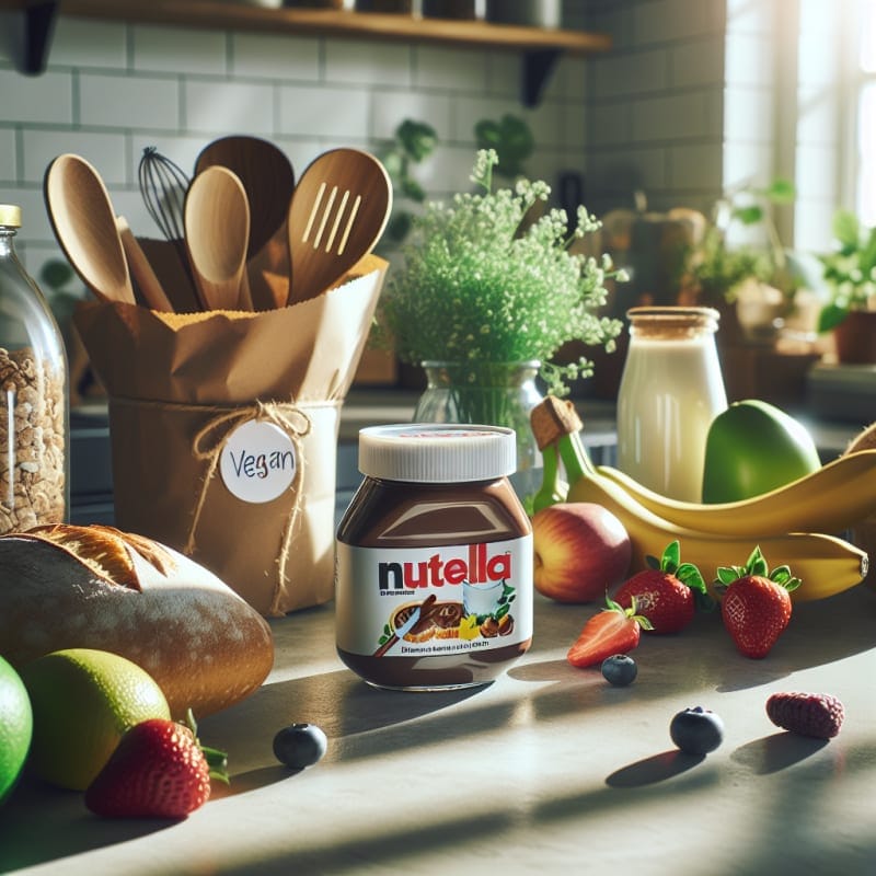 A bright kitchen countertop with Nutella jar surrounded by vegan-friendly ingredients fresh fruits and allergy-safe labels soft sunlight modern food packaging eco-friendly elements