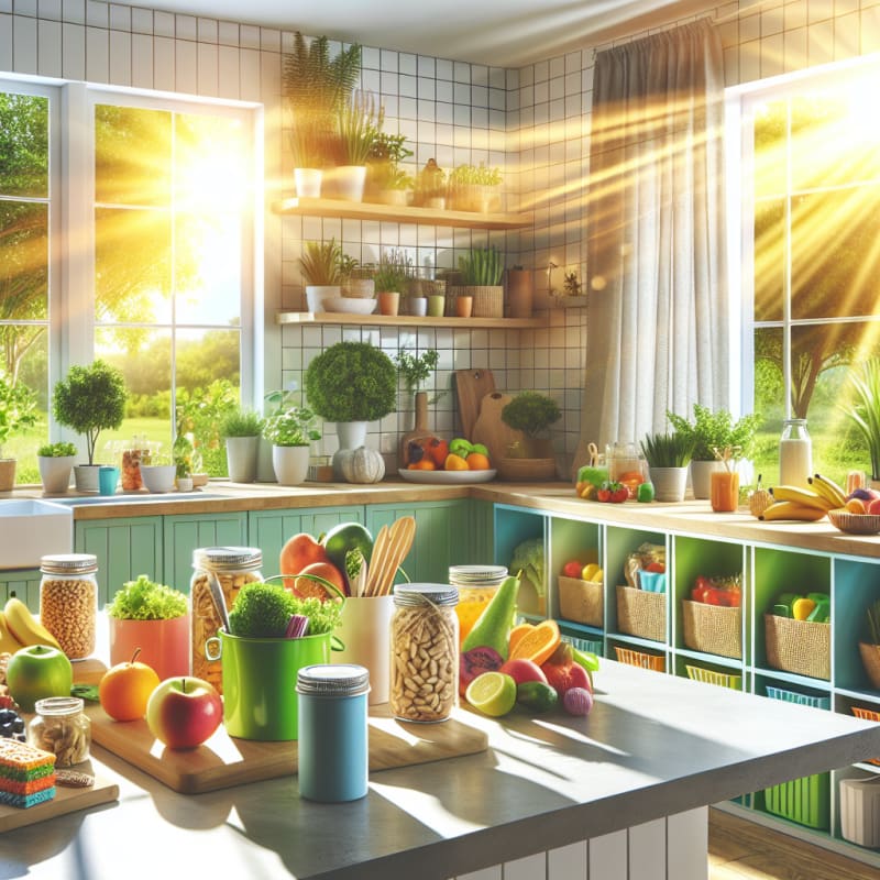A bright modern kitchen filled with colorful allergy-safe foods like peanut-free snacks fresh fruits and vegetables surrounded by smart food labels on eco-friendly packaging sunlight streaming through large windows